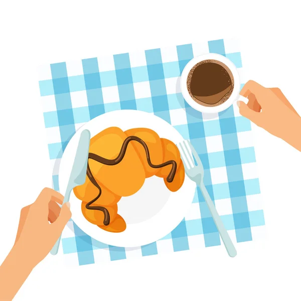 Leckeres Frühstück Auf Einem Teller Von Oben Croissant Mit Schokolade — Stockvektor