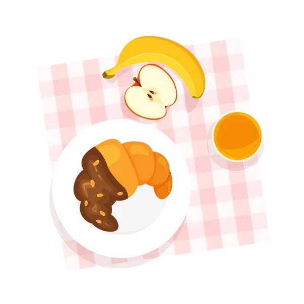Leckeres Gesundes Frühstück Von Oben Croissant Mit Schokolade Orangensaft Banane — Stockvektor