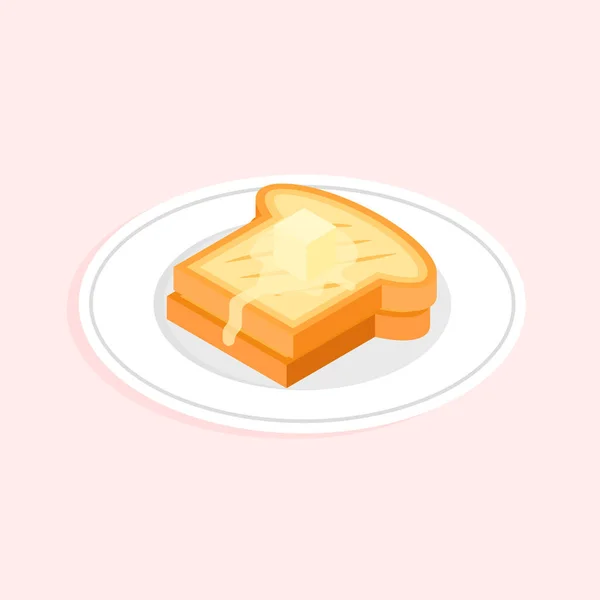 在盘子里烤一块黄油 美味的健康早餐 烤三明治是等量的孤立的矢量说明 — 图库矢量图片