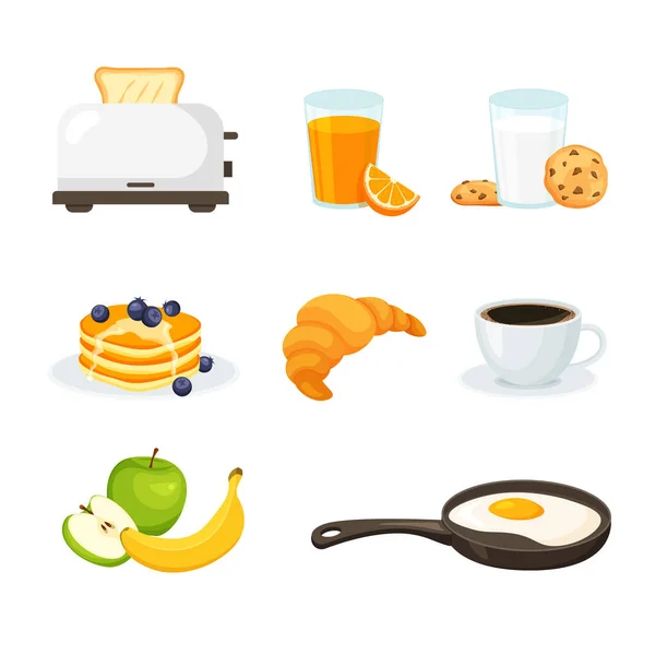 Sağlıklı Kahvaltı Ikonu Seti Yiyecek Içecek Topla Tost Krep Omlet — Stok Vektör