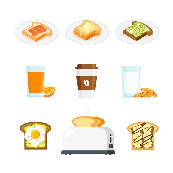 Set Iconos Desayuno Saludable Recoger Alimentos Bebidas Tostadas Café Huevo — Vector de stock