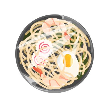Plastik bir kapta karidesli doğu eriştesi ve selofan kaplama. Geleneksel Asya ramen çorbası. Kore ve Japon yemek modelleri. Üst görünüm.