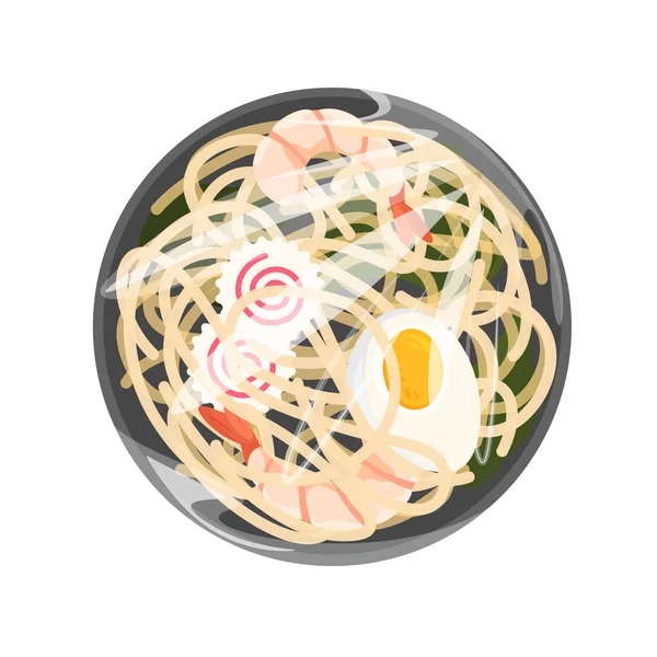 セロハンカバー付きプラスチック容器にエビとオリエンタル麺 伝統的なアジアのラーメンスープ 韓国料理と日本料理のモックアップ トップ表示 — ストックベクタ