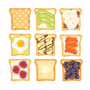 Tuzlu ve tatlı tost büyük bir set. Lezzetli sağlıklı kahvaltı. Balık dilimleri, yumurta, avokado, tereyağı ve krem peynirli nefis bir sandviç. Vektör ekmeği.