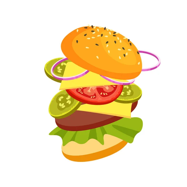 Векторный Аппетитный Гамбургер Бургер Сыром Помидорами Отбивной Салатом Огурцами Фастфуд — стоковый вектор