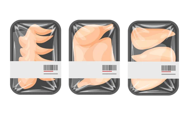 ポリエチレンパッケージの冷凍 新鮮な鶏の肉のセット 七面鳥の胸 足とプラスチックパックスーパーマーケットコンテナ ベクターイラストテンプレート — ストックベクタ