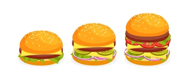 アメリカのハンバーガーはサイズが違う チーズ トマト チョップ レタス 玉ねぎと様々なハンバーガーのセット ファーストフードやジャンクフードの食事 — ストックベクタ