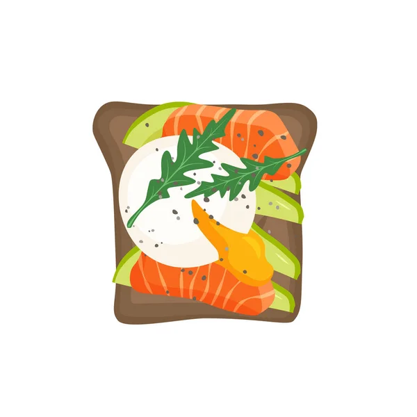 アボカドトーストにポーチドエッグとサーモン おいしい健康的な朝食 ローストサンドイッチ 流行のフラットスタイルで隔離されたベクトルイラスト — ストックベクタ