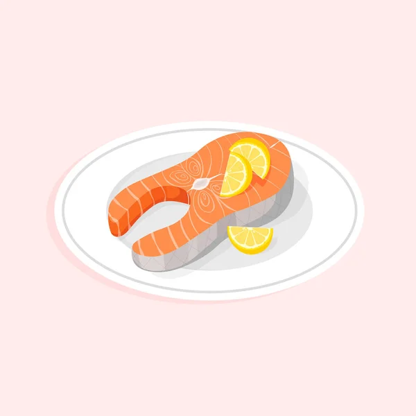 Ψητό Φιλέτο Σολομού Στο Πιάτο Μπριζόλα Κόκκινο Ψάρι Και Φέτες — Διανυσματικό Αρχείο