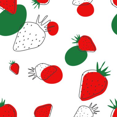 Düz dizaynlı, dikişsiz çilek deseni. Vektör arkaplanı. Paketleme tasarımınız için doku, tipografi, tekstil.