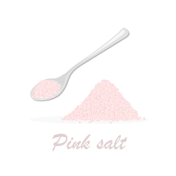 ピンク色の塩でいっぱいの金属銀スプーン 白い背景に隔離されたベクトルティースプーン 調味料のヒープ — ストックベクタ