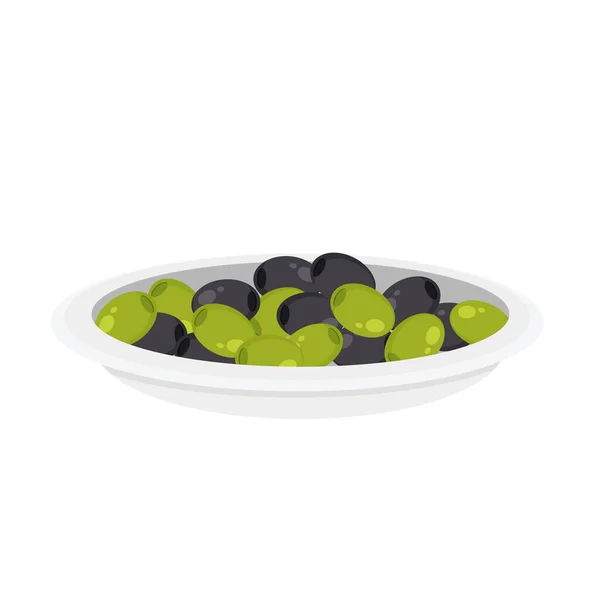 Pickled Black Green Olives Plate Olive Bowl Vector Illustration Isolated — Stock Vector