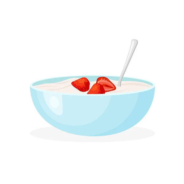 谷类牛奶早餐加草莓 卷燕麦或脆玉米片 甜健康的食物 用流行平板式孤立的矢量图解 — 图库矢量图片