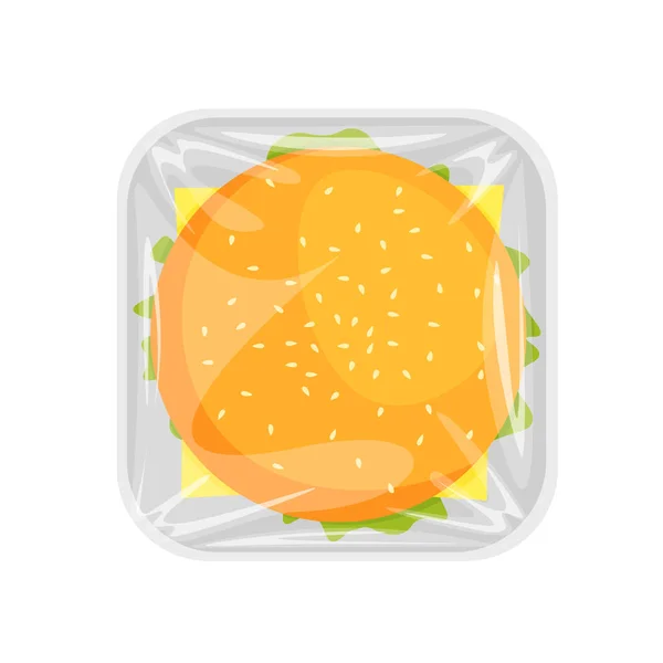 汉堡包在一个塑料容器或盘子里 上面有玻璃纸盖 汉堡顶部视图 快餐或垃圾食品餐 矢量说明 — 图库矢量图片