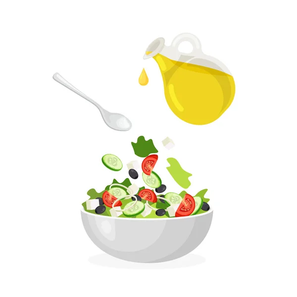 Receita Salada Vetor Grego Legumes Frescos Pitada Sal Gota Azeite — Vetor de Stock