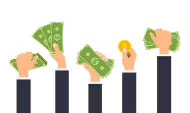 El parayı tutuyor. Dolar banknotları ve altın para ile ayarlanmış insan elleri. Para yatırımı, finansal başarı. Ödeme konsepti. Vektör illüstrasyonu.
