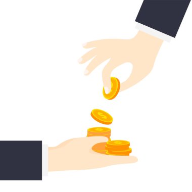 El yığınla para verir. Bir şeyler öde. Yozlaşma konsepti. Altın sikkeler ellere düşüyor. Yatırım, finansal başarı. Vektör illüstrasyonu.