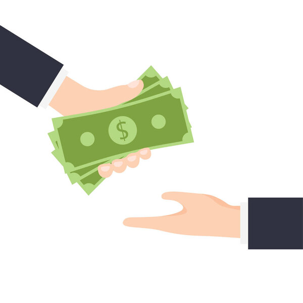 Рука дает пачку банкнот за доллар. Заплати за что-нибудь. Концепция коррупции. Денежные инвестиции, финансовый успех. Векторная иллюстрация в модном плоском стиле