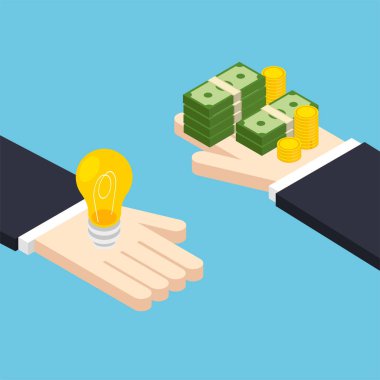 Isometric eller para ve ampul tutar. Fikir satın al. Yeni bir iş ya da başlangıç. Mavi arkaplanda vektör illüstrasyonu izole edildi.
