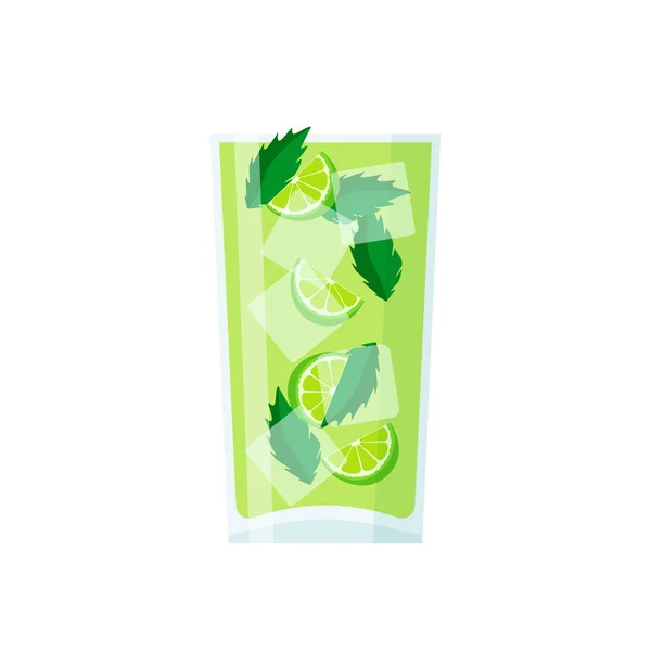 莫吉托加石灰薄荷和冰块在杯子里新鲜的夏季鸡尾酒 在白色背景上孤立的流行平板风格的矢量插图 — 图库矢量图片