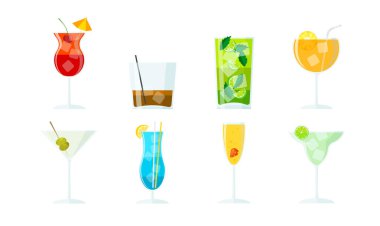 Beyaz üzerine vektör yaz kokteylleri. Farklı bardaklarda alkollü içecek koleksiyonu. Mojito, martini, margarita, daiquiri, viski..
