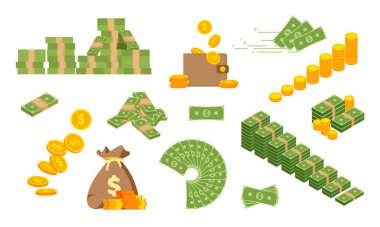 Büyük yeşil banknotlar ve altın paralar. Dolar desteleri, desteler, desteler ve yığınlar. Banknote hayranıyım. Düz moda vektör illüstrasyonuName.