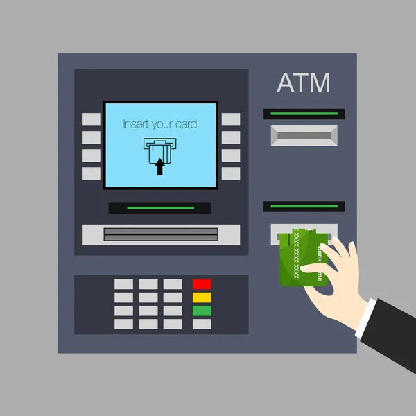 Mão Empurrando Cartão Crédito Slot Máquina Atm Retirando Nota Dólar — Vetor de Stock