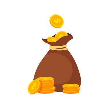 Altın külçeli para çantası. Tasarruf. Başarı konsepti. Beyaz arkaplanda izole edilmiş modayı gösteren vektör illüstrasyonu.