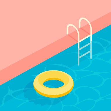 Yüzme havuzu posteri ya da afiş. Moda düz tarzda vektör izometrik illüstrasyon. Su halkası ya da su üzerindeki can simidi. Yaz tatili ya da tatil.