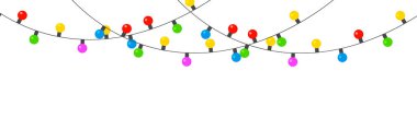 Noel ve Yeni Yıl ışıkları beyaz arka planda izole edilmiş çelenkler. Farklı renkte, parıldayan çelenkler. Led neon lambası. Düz vektör illüstrasyonu.