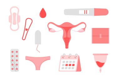 Menstrual period. Female uterus, hygiene product tampon, sanitary pads, menstrual cup, calendar and other hygiene tools. Vector illustration in a trendy flat style isolated on white background. clipart