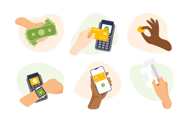 El ikonu, farklı şeyler ve jestler. Telefonla ya da akıllı saatle yapılan temassız ödeme. Mobil online bankacılık uygulaması ve elektronik cüzdan. Posta terminalinin yanında kredi kartı tutuyor..