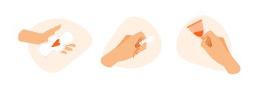 Adet dönemi. Kadın hijyen ürünleri. Eller tampon, hijyenik pedler, regl kupası. İzole edilmiş bir modada vektör illüstrasyonu.