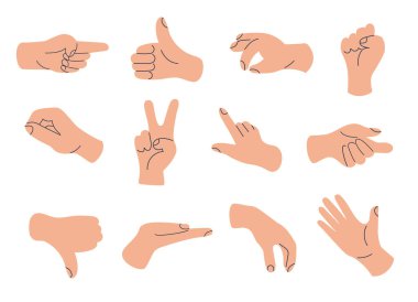 Bir dizi el hareketi, modaya uygun düz bir şekilde sembolleri işaret eder. İletişim emojisi. Beyaz arkaplanda izole edilmiş vektör el karalama simgeleri.