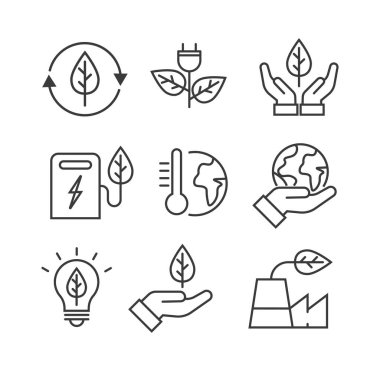 Çevre dostu ikon seti. Çevreyle ilgili nesneleri olan siyah simgeler. Elektrikli araba, organik tarım, küresel ısınma. Çevre sürdürülebilirliği. Doğrusal biçimde vektör ekolojisi illüstrasyonu.