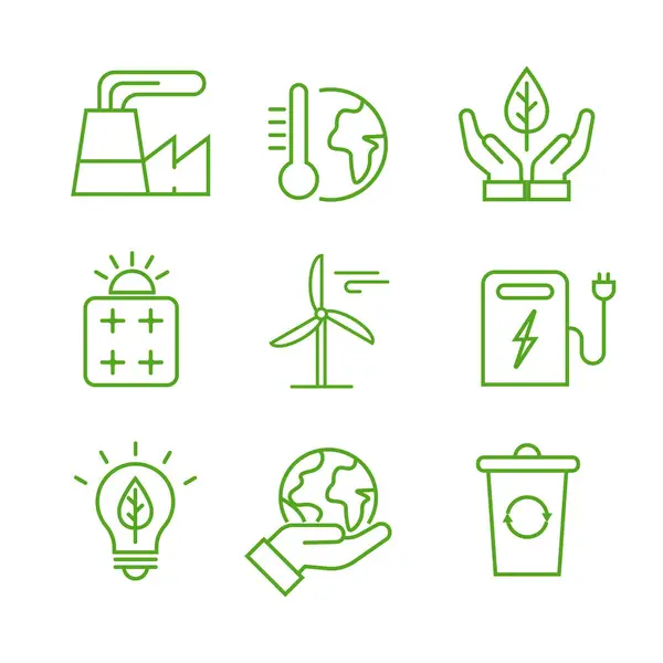 Ekologická Ikona Nastavena Zelené Ikony Objekty Souvisejícími Prostředím Elektrické Auto Stock Vektory