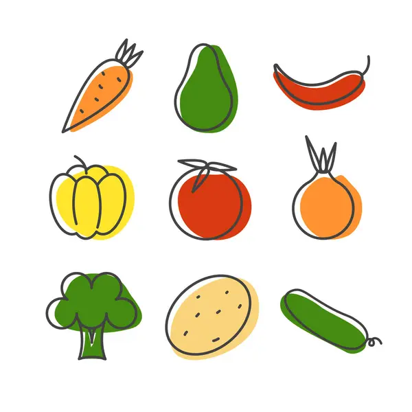 Zeleninová Souprava Jednoduchý Obrys Ikony Zeleniny Barvou Lineární Styl Vektorové Royalty Free Stock Ilustrace
