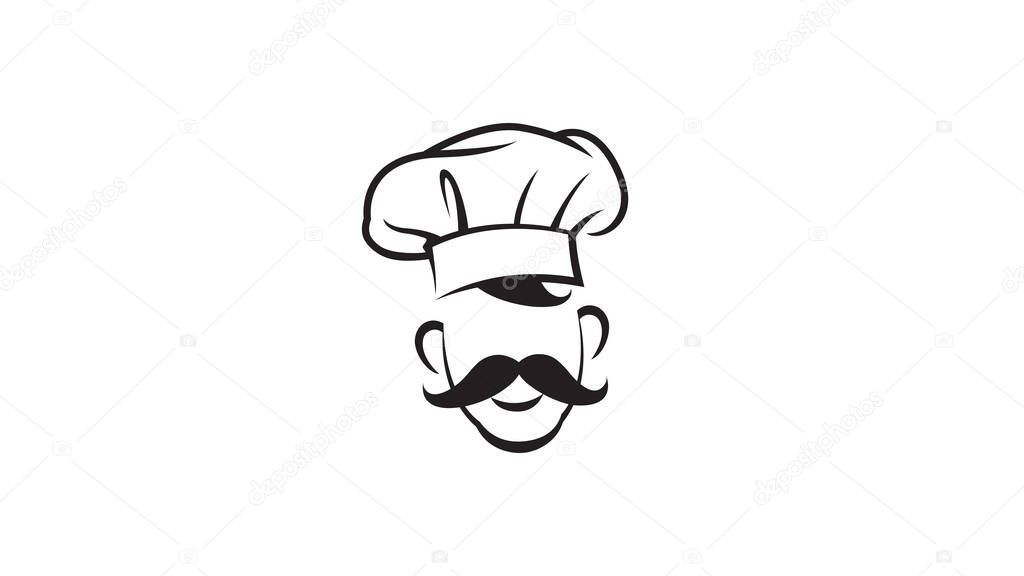 Chef Head Moustache Hat Cartoon Lines Drawing Logo Vector Design Illustration