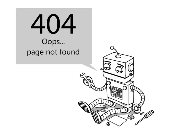 Creative Hand Drawn Broken Lazy Upset Sad Robot Page Found — Stock Vector