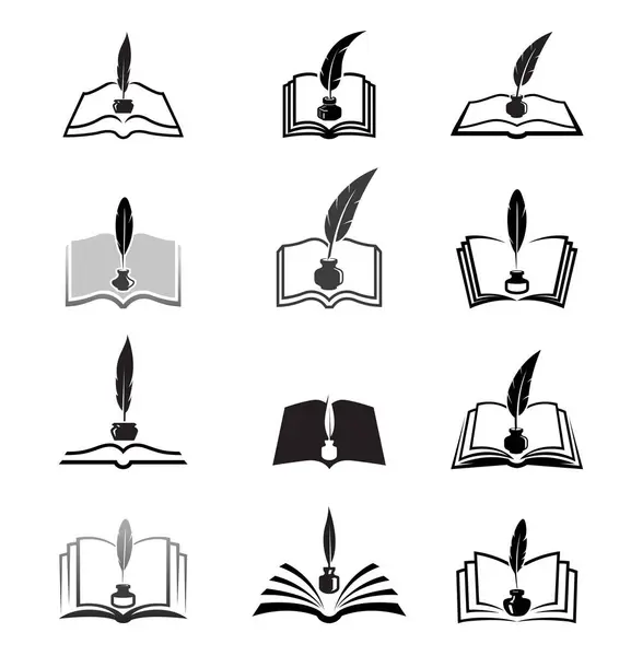 Yaratıcı Kitaplar Tüyleri ve Mürekkep Şişe Koleksiyonu Logo Simgesi Simgeleri Çizim Tasarımı