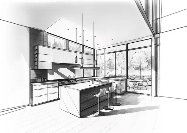 Architectural Sketch Modern Modern Kitchen Black White Drawing — Stock Photo, Image