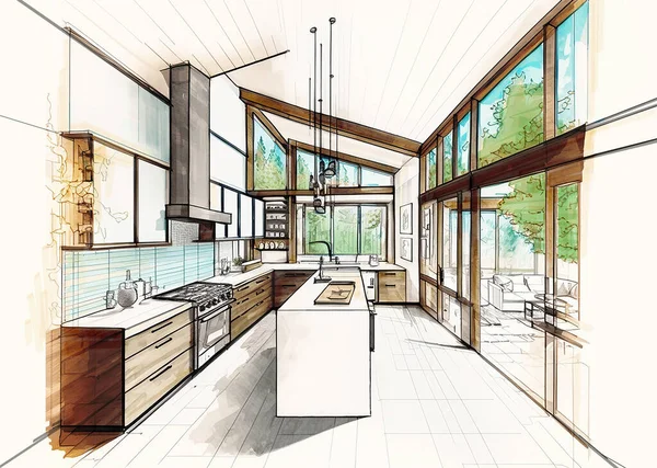 Colored Sketch Drawing Modern Modern Kitchen Architectural Design — Stock Photo, Image