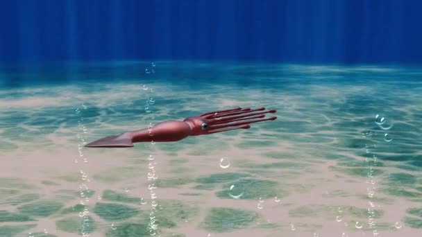 Цифровая Скульптура Гигантского Кальмара Проходящего Возле Морского Дна — стоковое видео