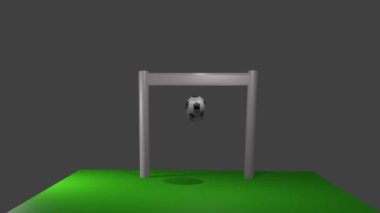 Kale direğinin yanındaki futbol sahasında zıplayan bir topun 3D animasyonu.