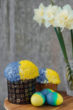 Ukrayna bayrağının renginde lezzetli Paskalya pastaları, arka planda çiçekler olan ahşap bir masada sarı-mavi Paskalya yumurtaları. mesaj için yer. seçici odak