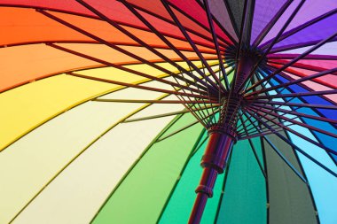 Gurur ayı için gökkuşağı şemsiyesi, LGBTQ + için özgürlük ve koruma konsepti, seçici odaklanma
