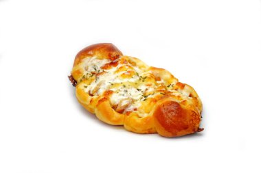 Beyaz arka planda izole edilmiş sosisli ekmek. Fırın ürünleri stüdyo fotoğrafçılığı