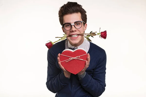 Young Man Glasses Holding Roses Teeth Showing Heart Shaped Gift — Stock Photo, Image