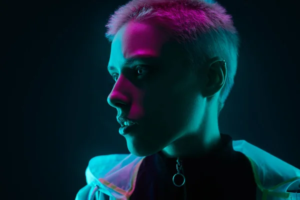 Young Androgynous Female Model Short Hair Looking Away Colorful Neon — Stock Photo, Image