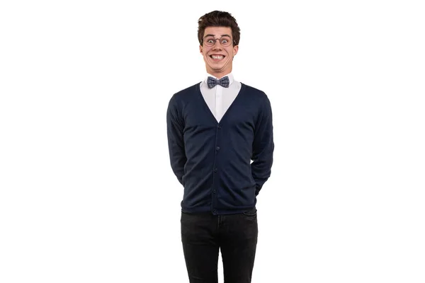 Komik Genç Bir Erkek Öğrenci Elleri Arkada Gülümseyerek Beyaz Arka — Stok fotoğraf